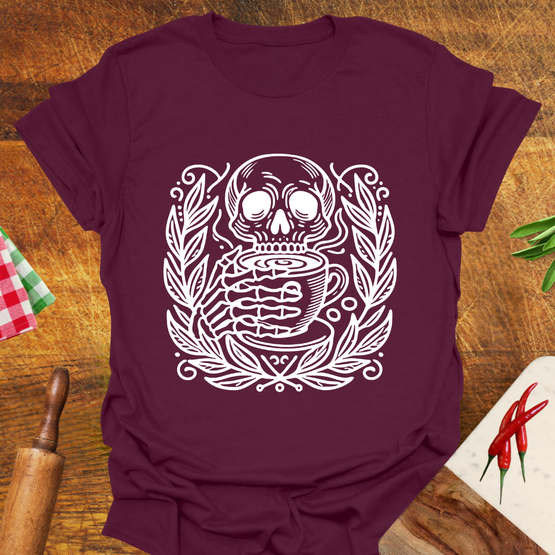 Skeleton Drinking Coffee Graphic T-Shirt