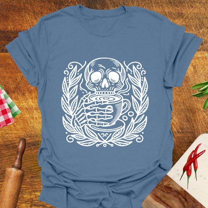 Skeleton Drinking Coffee Graphic T-Shirt